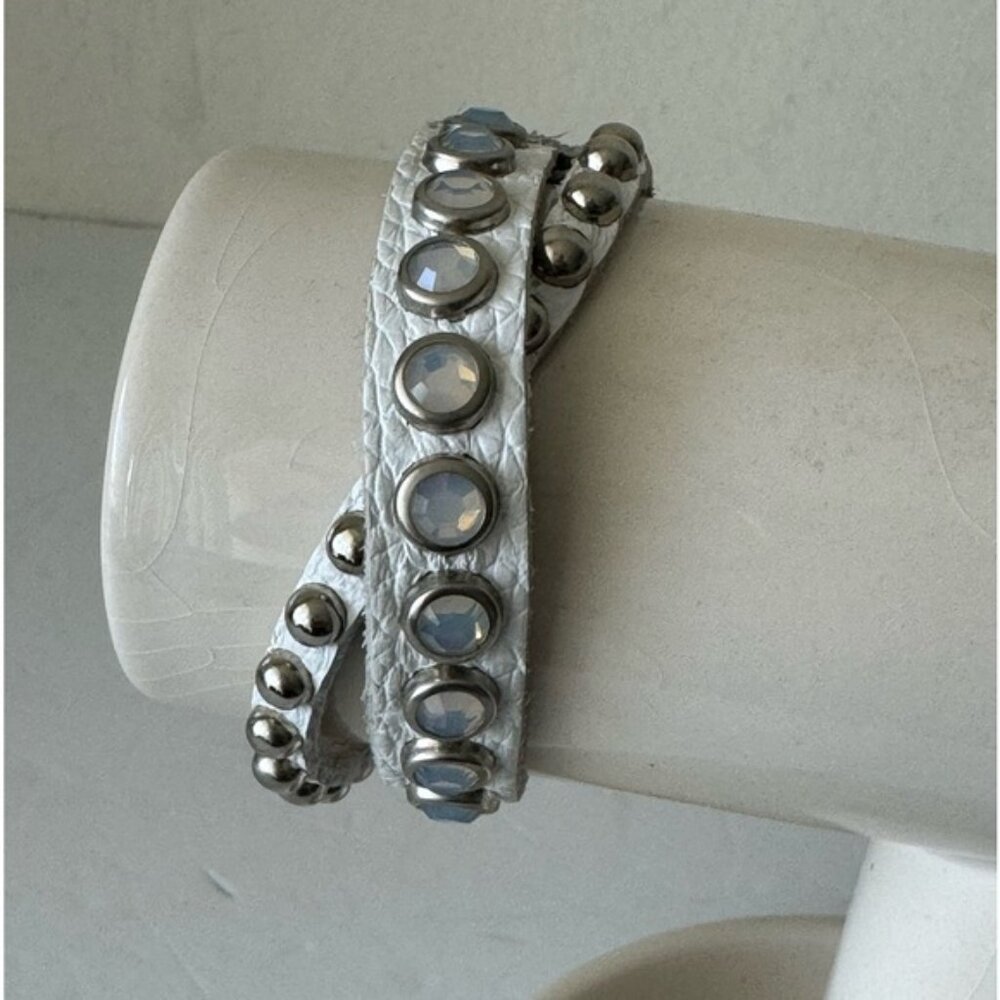 LEATHERROCK lR Nicole Genuine Leather Bracelet White W Crystals & Metal Studs